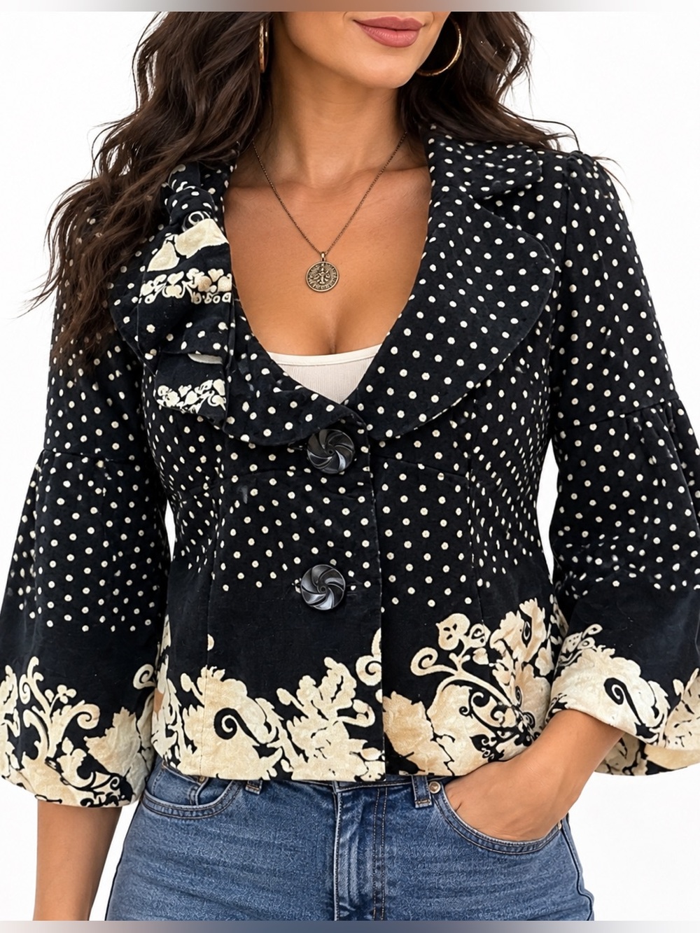 elevenses Y2K Anthropologie Black Polka Dot Jacket Bell Sleeve Cream Floral Trim